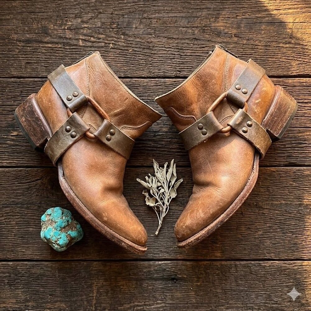 Freebird by Steven Phlow Distressed Brown Leather Harness Ankle Boots Western 6